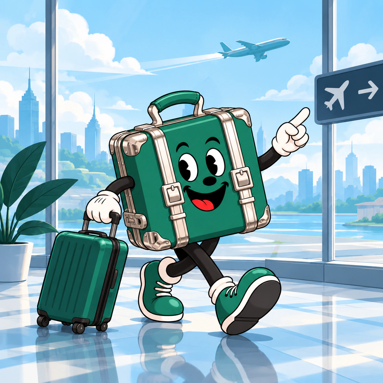 Steppy con una maleta en un aeropuerto, señalando hacia la puerta de embarque